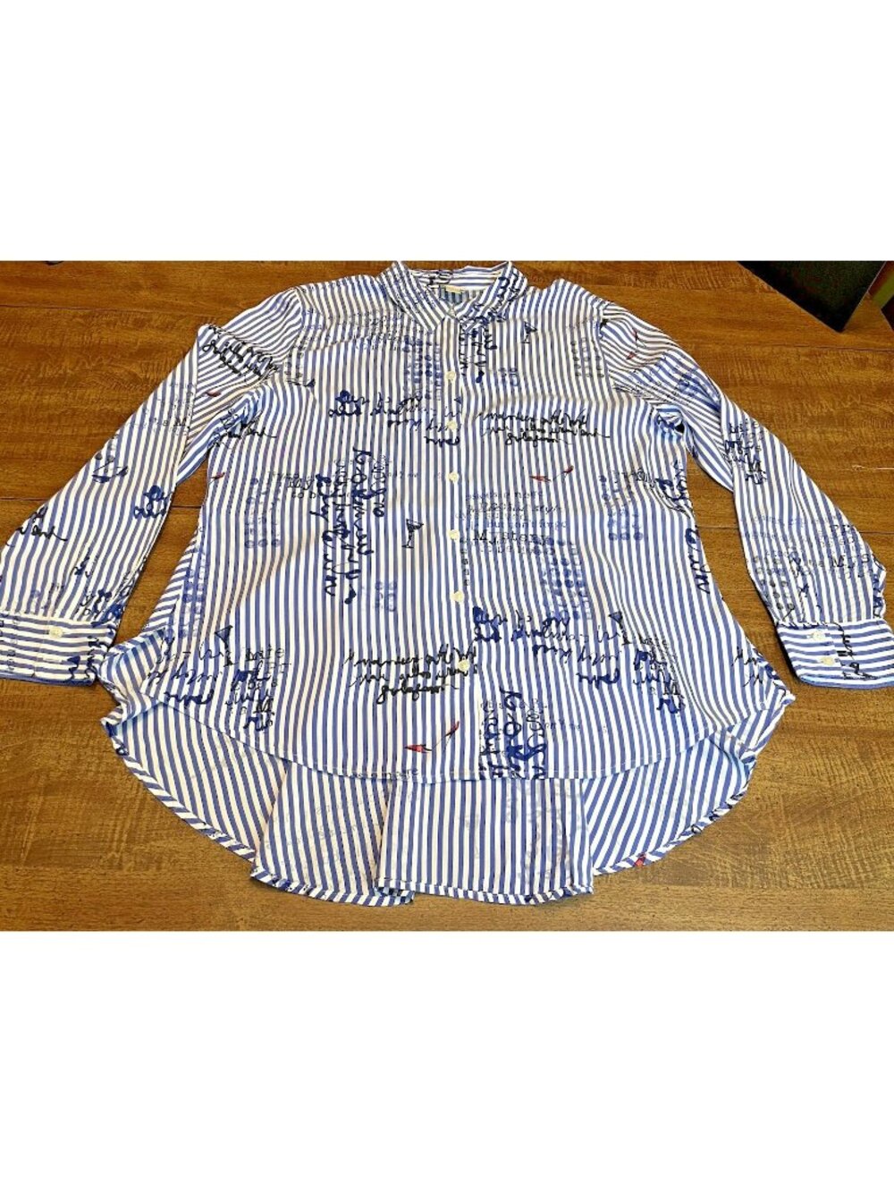 Chicos White Blue Stripe Button Up Shirt Women's 2 (L/12) Martini Resort Coastal